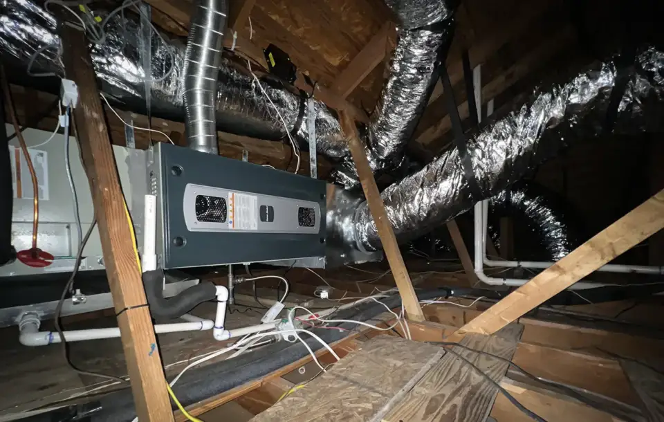 A new HVAC system installed in a customer's attic.